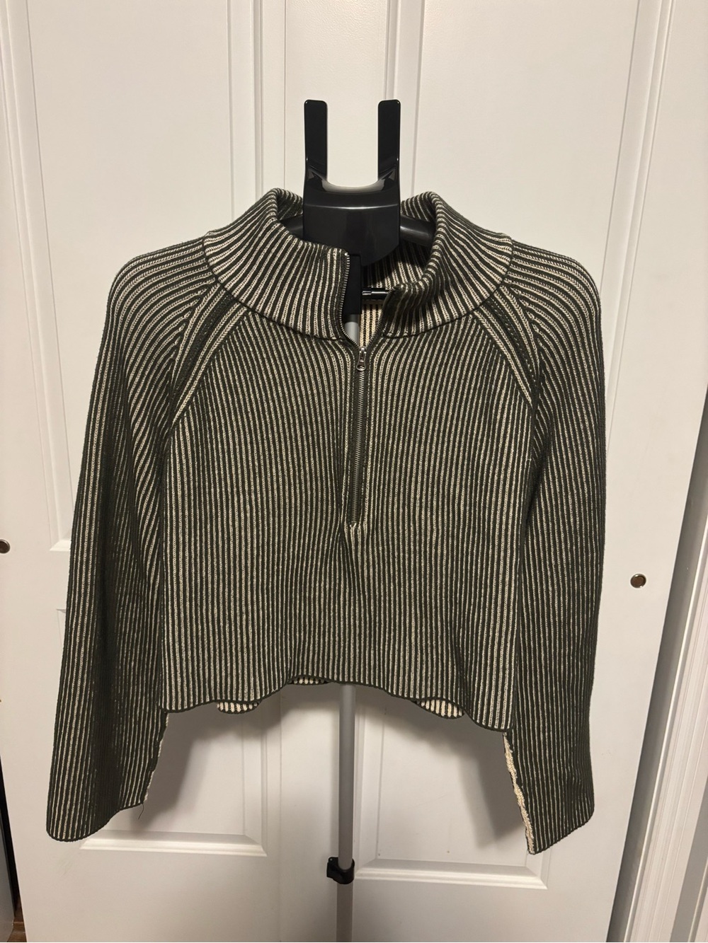 Zenana Cropped Ribbed Half-Zip Sweater - Olive/Beige
